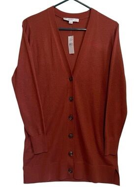 LOFT V‑Neck Cardigan WOOL Blend Rust Brown Button Front Small VNeck‎ Sweater